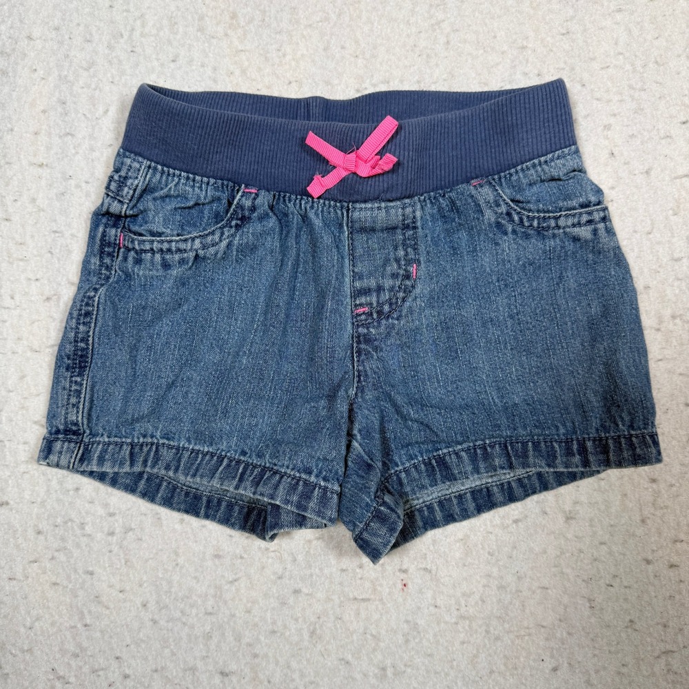 Jumping Beans Girls Blue Denim Shorts Size 5 Elastic Waist Pink Bow Accent